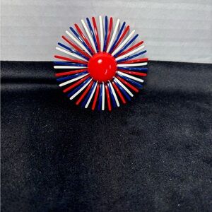 Patriotic Enamel Starburst Brooch MCM 2.5” VTG Red White Blue Floral Pin Brooch